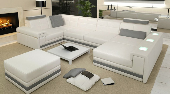 Corner sofa Sofa Living landscape U-shape Upholstery Couch Leather sofa + Stool