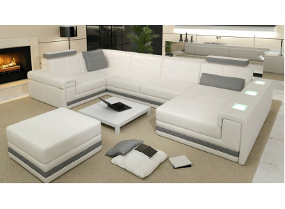 Corner sofa Sofa Living landscape U-shape Upholstery Couch Leather sofa + Stool