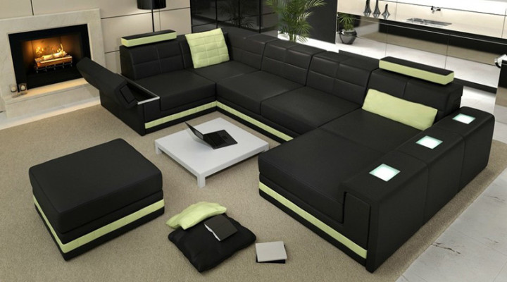 Corner sofa Sofa Living landscape U-shape Upholstery Couch Leather sofa + Stool