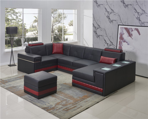 Corner sofa Sofa Living landscape U-shape Upholstery Couch Leather sofa + Stool
