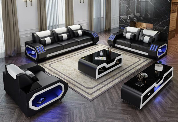 Living landscape L-shape corner sofa + coffee table + sideboard design