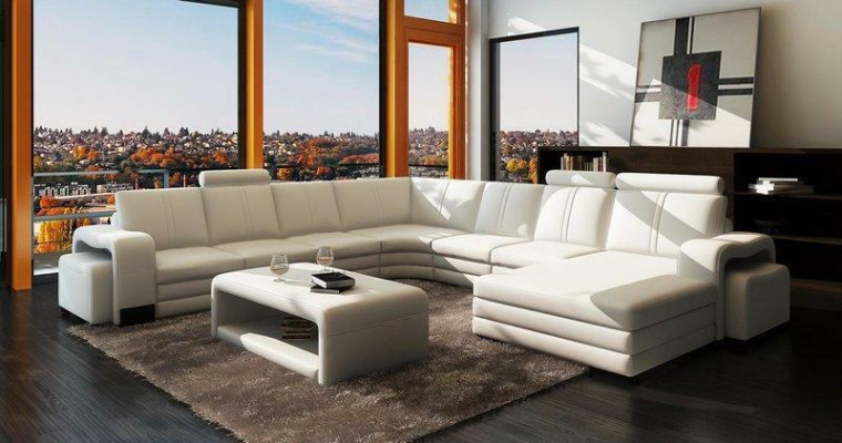 Corner sofa U-shape + 2x Stool + Coffee table Couch Design Gray Upholstery Leather