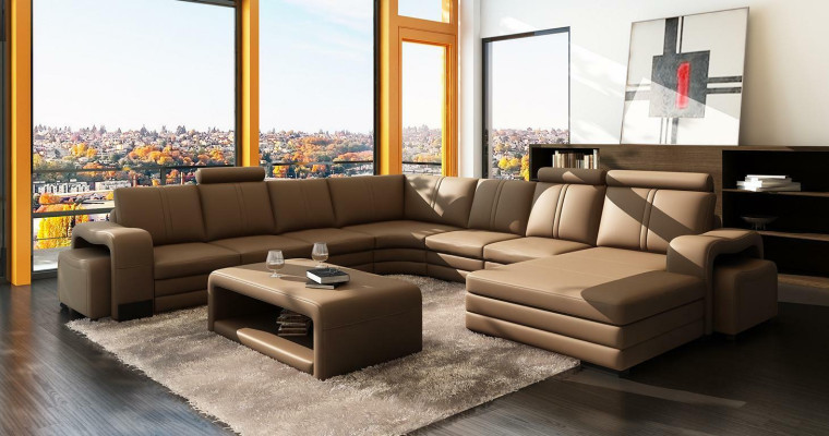 Corner sofa U-shape + 2x Stool + Coffee table Couch Design Gray Upholstery Leather