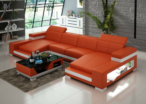 Corner sofa Sofa Living landscape U-shape Upholstery Couch Leather sofa Orange