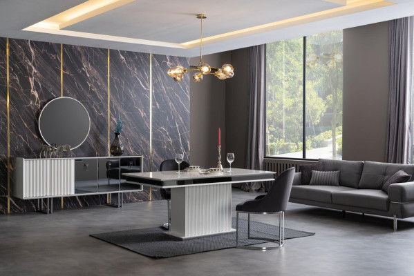 Luxury Table Dining room Set Suite Dining table + 4x armchair Chest of drawers Mirror 7 pieces.