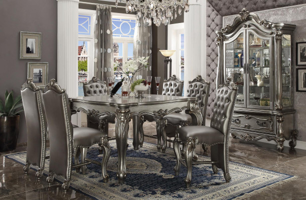 Classic Gray Dining room ambiente Designer Square Dining table Leather Chesterfield Chairs 7pcs.