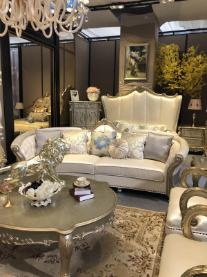 Round Sofa Wood Carved Four Seater Couch Leather Chesterfield Living