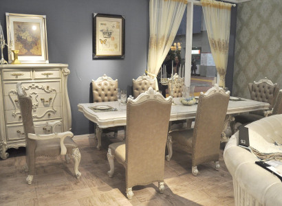 Antique white dining room suite Large dining table with leather Chesterfield chairs