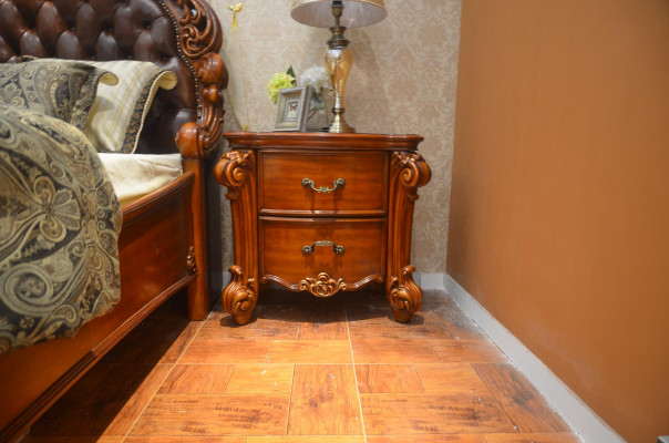 Bedroom Set Bed + 2x Bedside table Chesterfield Wood Leather Beds Upholstery
