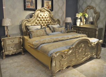 Bed Upholstered bed Luxury Double Bedroom Baroque Wood Leather Beds