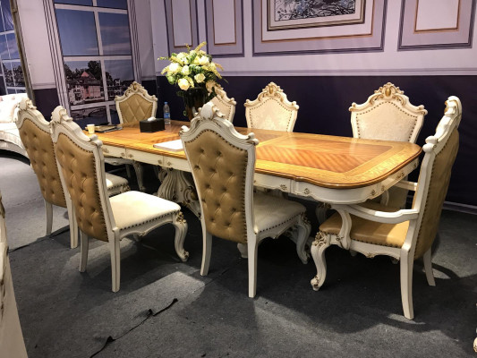 White -Brown Dining room set Large dining table with leather chairs