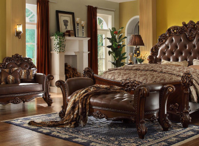 Bedroom Leather Bed Bedside tables 5pcs Complete's Set Beds Wood