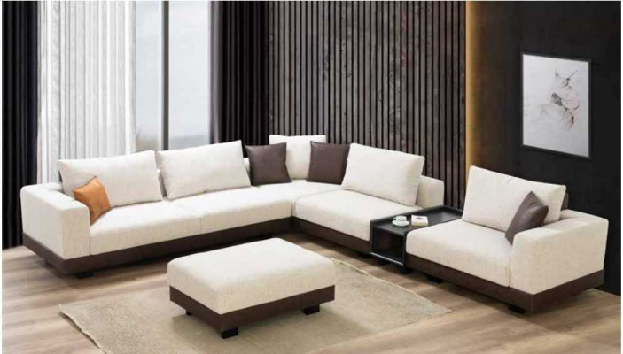 Luxury Beige Corner sofa L-shape Couch Wooden Frame Textile Living room Furniture
