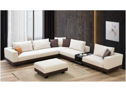 Luxury Beige Corner sofa L-shape Couch Wooden Frame Textile Living room Furniture