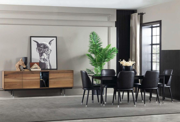 Black 7-piece kitchen set with chairs in a modern style, comfortable new