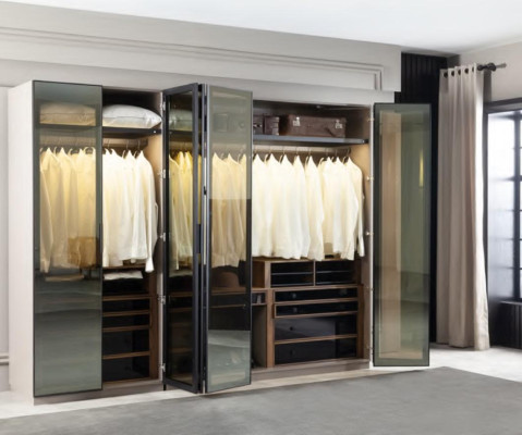 Brown Wardrobe for Bedroom with Storage Glass Doors