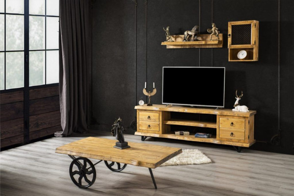 Real Wood Wall unit Luxury in Brown with Coffee table on wheels Rustic Wardrobe