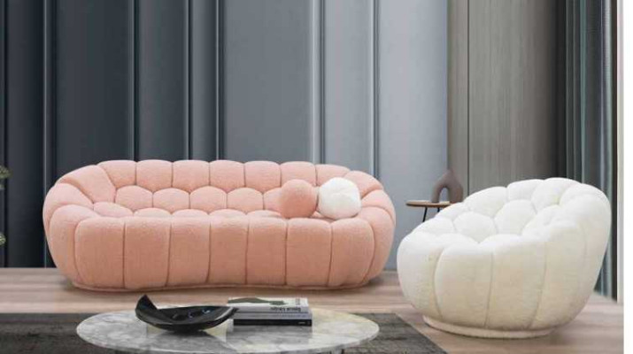 Luxury pink and white living room sofa set three seater + armchair luxury couch