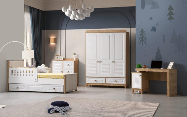 Luxurious Childrens room Set Consists of Bed Wardrobe Chest of drawers Table 4 pieces.