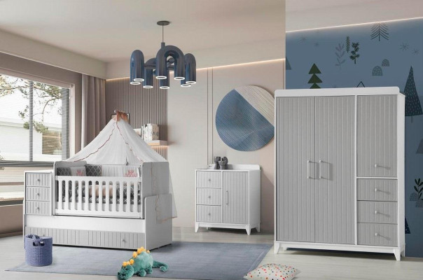 Complete set for Children's room: Chest of drawers, Wardrobe, Children's bed Gray Color