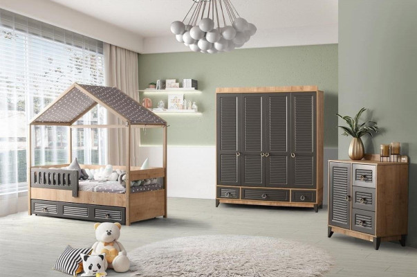 Gray youth room set Childrens room Chest of drawers Wardrobe and Bed 3pcs.