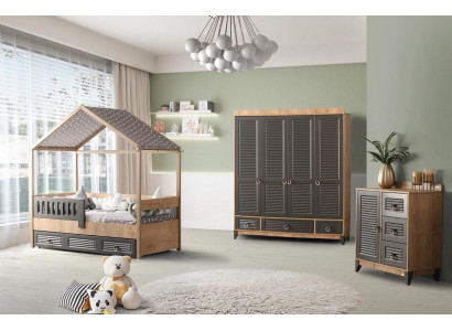 Gray youth room set Childrens room Chest of drawers Wardrobe and Bed 3pcs.