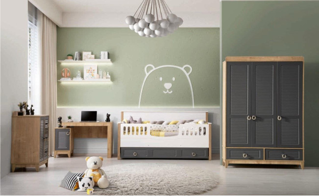 Luxurious children's furniture suite children's room children's bed gray wood set 4 pieces
