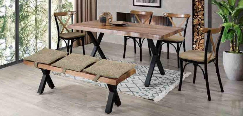 Dining table from Wood and 4 Chairs with upholstered Seat and Stool for the Dining room