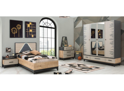 Suite Childrens room Bed Wardrobe Brown Wood Set Youth Bed 5-piece Furniture