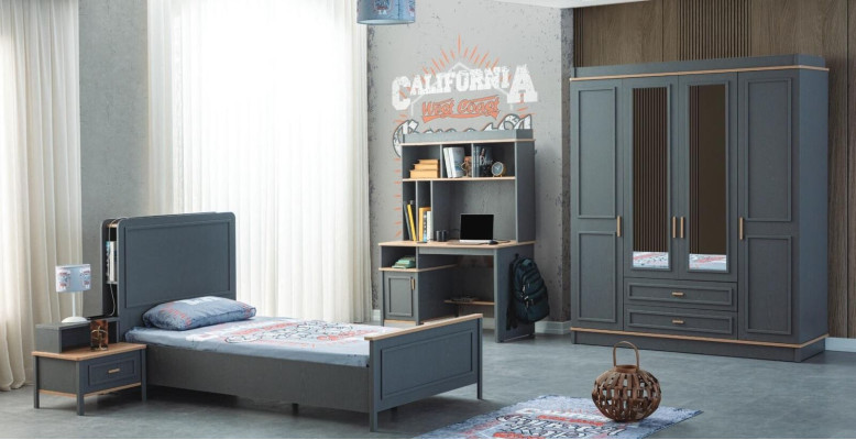 Suite Childrens room Bed Childrens bed Children's furniture Gray Wood Set 4pcs