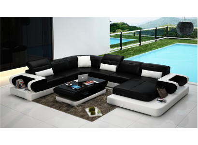 Leather sofa U-shape Sofa Living landscape Illuminated Corner sofa Couch Suite Upholstery