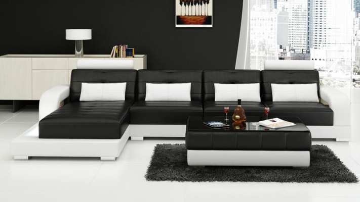 Corner sofa Leather + Coffee table Corner Sofa Couch Upholstery Suite Living landscape Corner