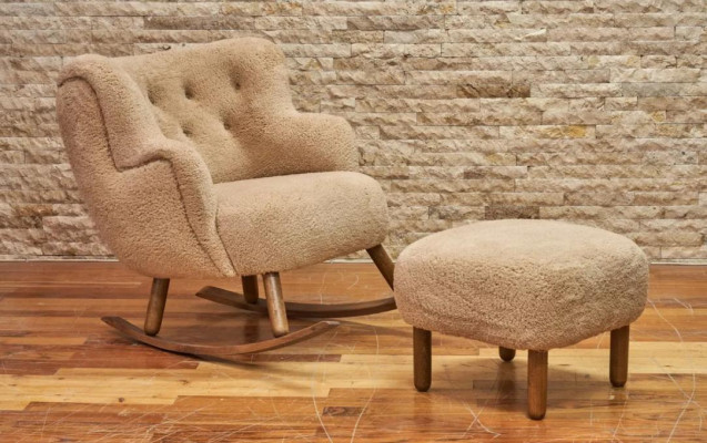 Beige Rocking Chair Luxury Stool Living room Suite Upholstery Stool 2pcs