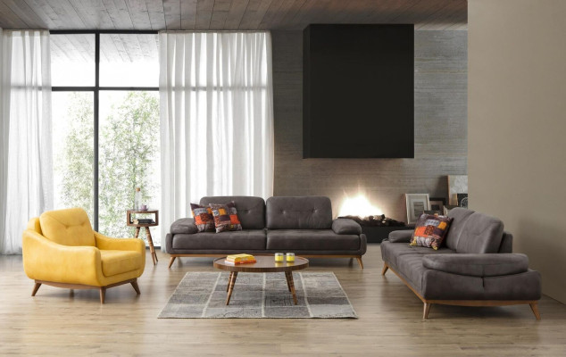 Gray-Yellow Sofa set 3+3+1 Seater Luxury Upholstered furniture Living room Set