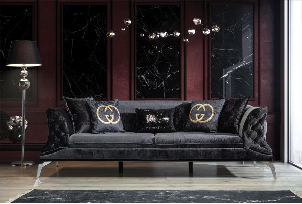 Sofa 3 Seat Upholstery Furniture Three Seater Couches Black Wood with Metal