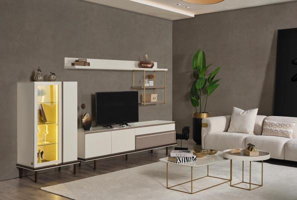 White Living room Set Designer TV Lowboard Luxury LED Display case Wood Shelf