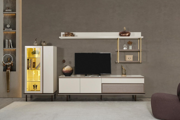 White Living room Set Designer TV Lowboard Luxury LED Display case Wood Shelf