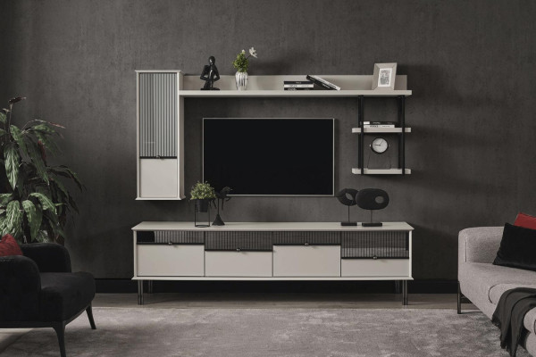 Gray living room set TV lowboard wall cabinet designer shelves 4-piece set