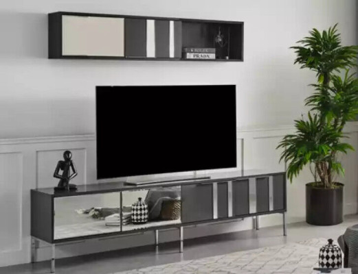 Luxury Modern Wall unit Lowboard Gray wall cabinet Living room 2-piece. new