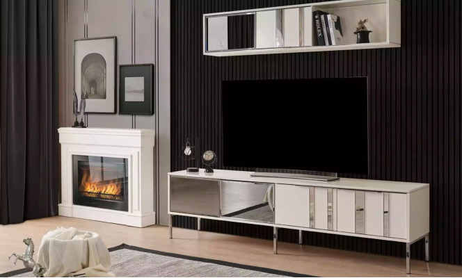 Wall unit TV-cabinet tv sideboard lowboard wood white luxury wall cabinet 2 pieces.