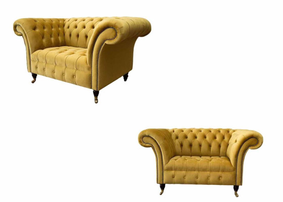 Armchair Chesterfield Furniture Set 2x Single Seater Set Couch Sofa Yellow Textile