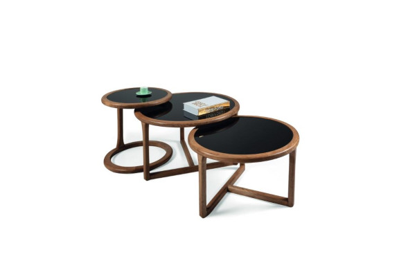 Designer coffee table set 3 pieces. Living room Wood Modern brown glass table Round luxury
