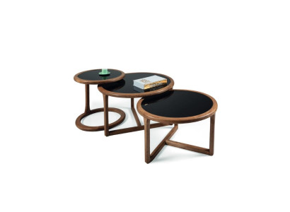 Designer coffee table set 3 pieces. Living room Wood Modern brown glass table Round luxury