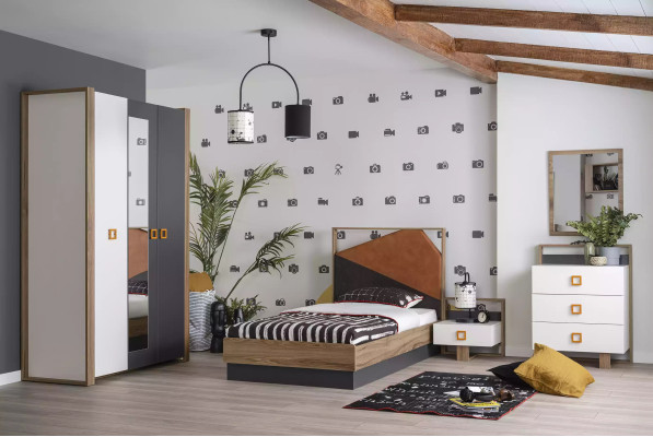 Bedroom Suite Bed Childrens room Set Designer Gray 5-piece Wood