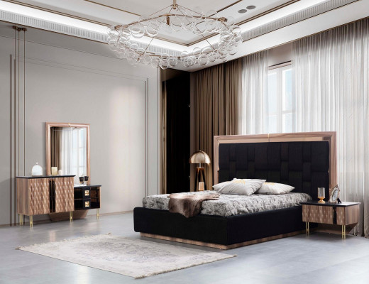 Stylish bedroom set in beige and brown with luxurious bed + 2 bedside tables and dressing table