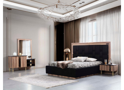 Stylish bedroom set in beige and brown with luxurious bed + 2 bedside tables and dressing table