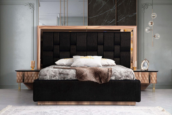Stylish bedroom set in beige and brown with luxurious bed + 2 bedside tables and dressing table