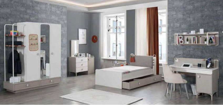 Youth Room Bed Chest of drawers Wardrobe Desk Wood Furniture Design 4-piece set