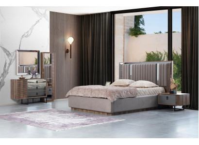 Stylish modern bedroom set in stylish bed, bedside tables and chest of drawers in brown