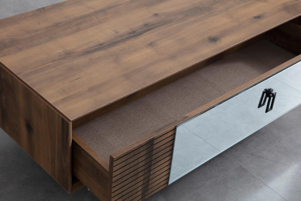 Stylish modern bedroom set in stylish bed, bedside tables and chest of drawers in brown